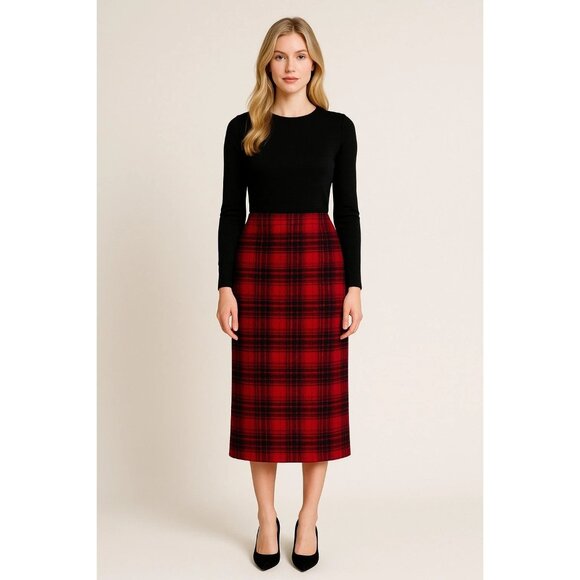 TALBOTS Red Tartan Plaid Wool Midi Pencil Skirt Lined Size 4 - Picture 1 of 11